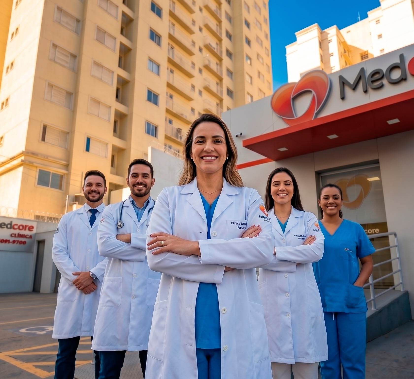 Equipe médica da Medcore em frente à clínica